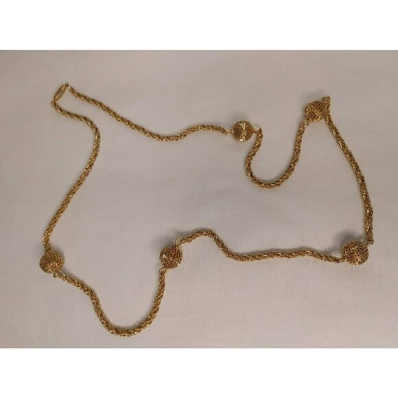 Gold Tone Rope Necklace Twisted Chain with Gold Tone Ball Spheres - Picture 8 of 10
